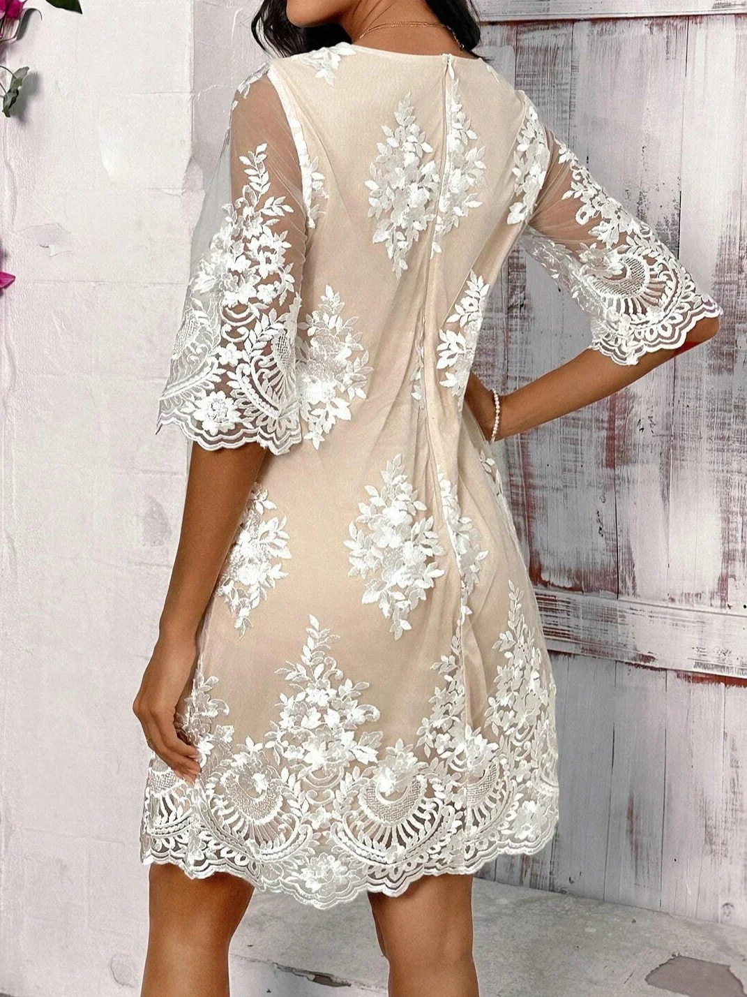 JFN Embroidered Plain Lace Elegant Half Sleeve Midi Dress