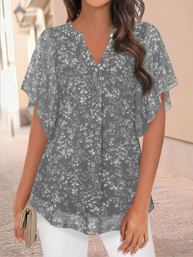 Casual V Neck Floral Loose Blouse