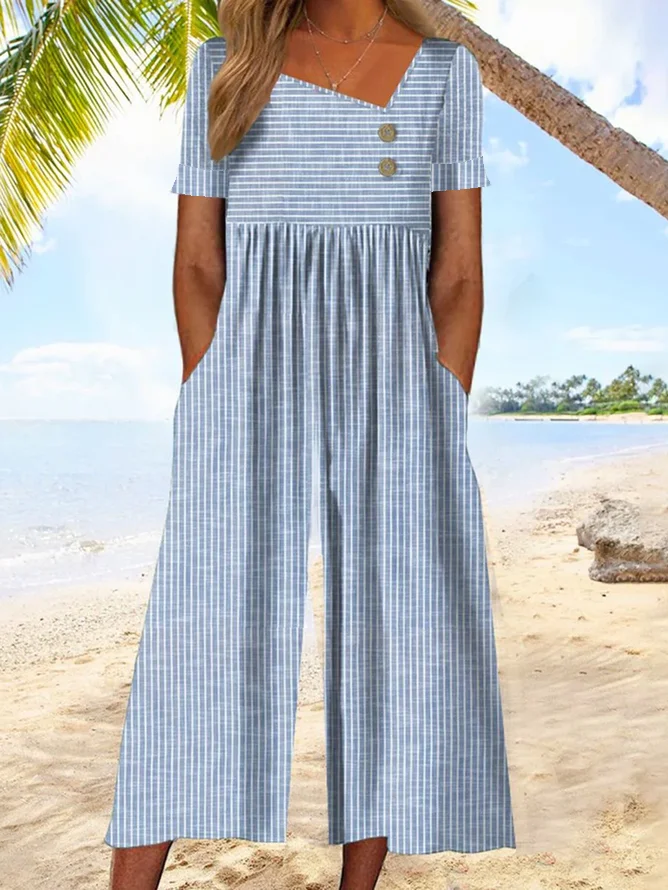 Women's H-Line Asymmetrical Daily Going Out Vacation Buckle Striped Summer Ankle Pants Jumpsuit