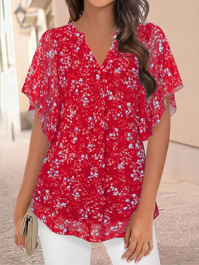 Casual V Neck Floral Loose Blouse