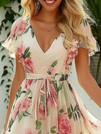 Floral Vacation Regular Fit Chiffon Dress With Belt