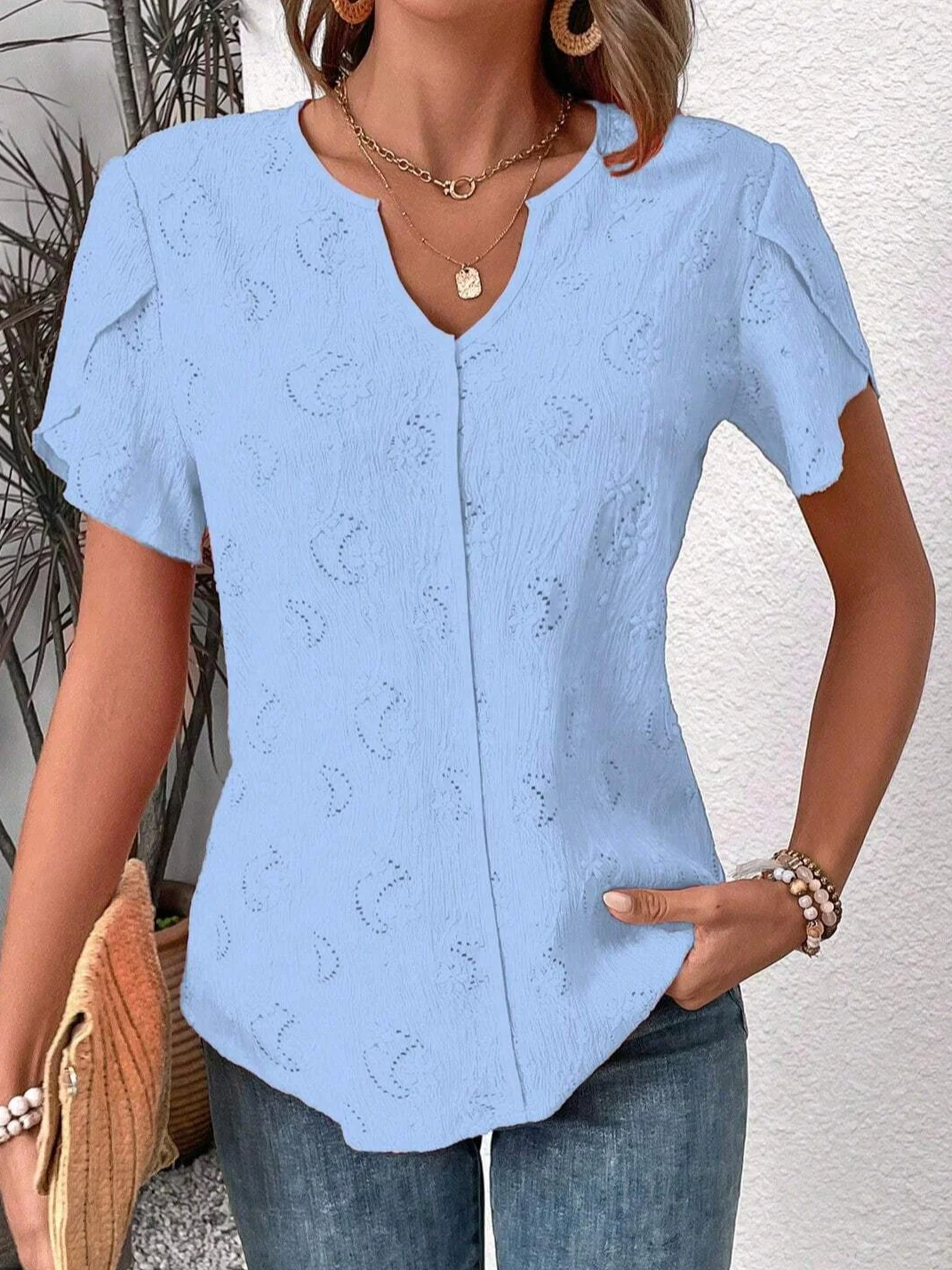 JFN Short Sleeve Notched Neck Simple Cotton Pullover Blouse