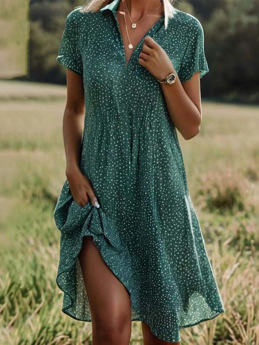 Women's Short Sleeve Floral Dress Summer Polka Dots V Neck Midi Sundress Green Blue Red