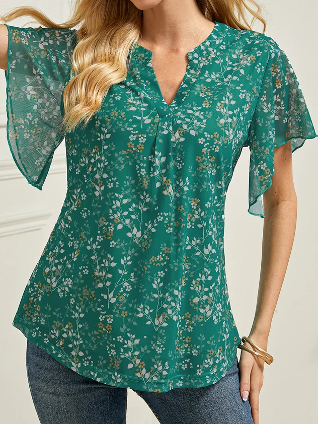 Casual V Neck Floral Loose Blouse