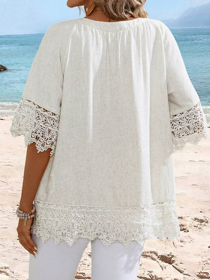 White Half Sleeve Blouse in Cotton with Square Neckline
