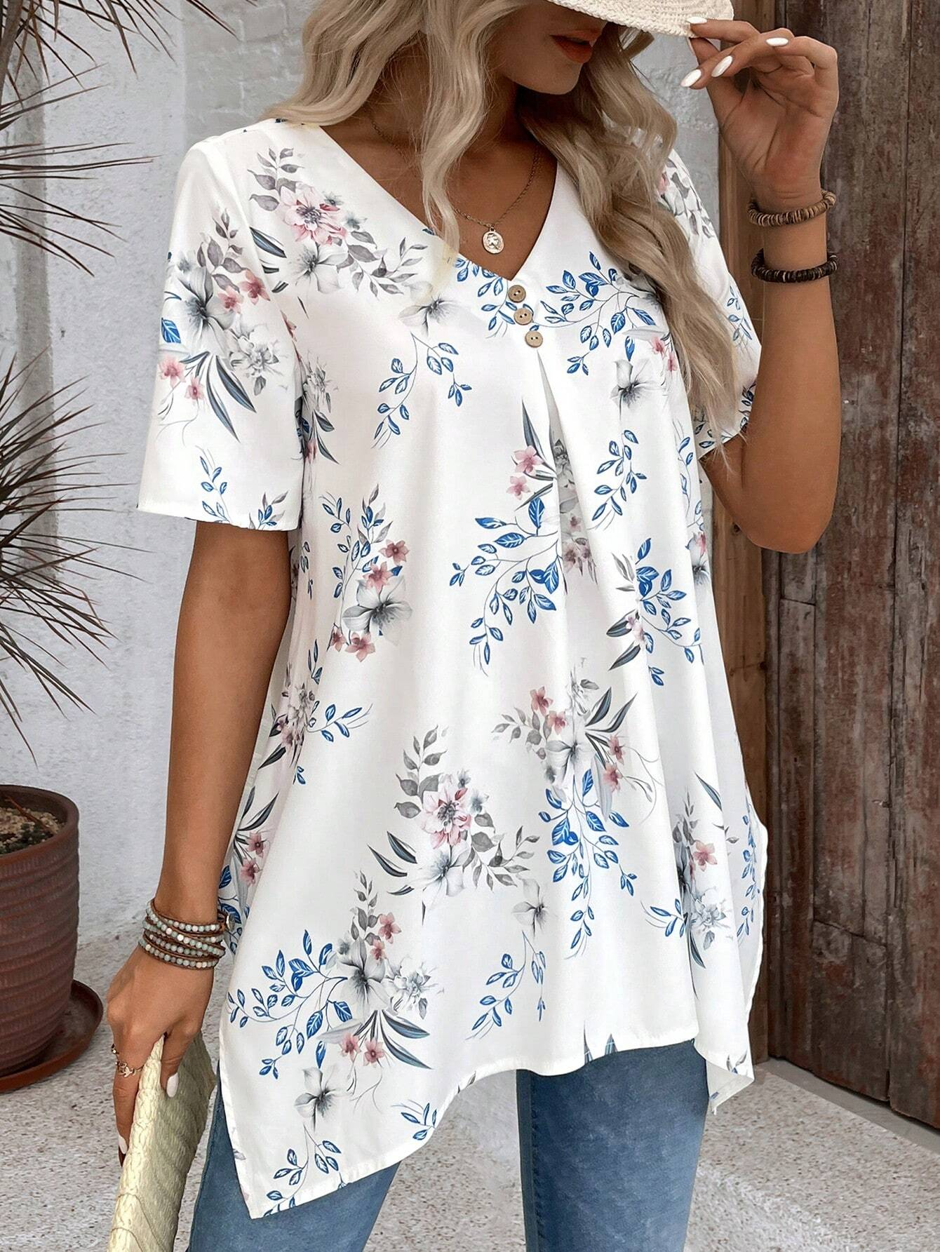 Women's Short Sleeve Shirt Summer White Floral Asymmetric V Neck Daily ...
