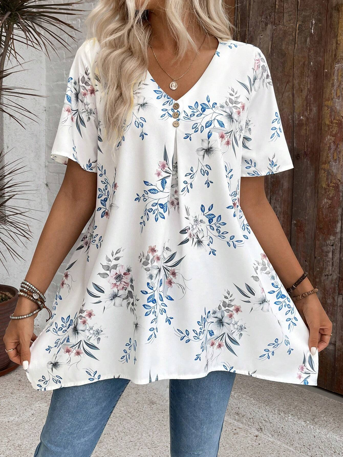 Women's Short Sleeve Shirt Summer White Floral Asymmetric V Neck Daily ...