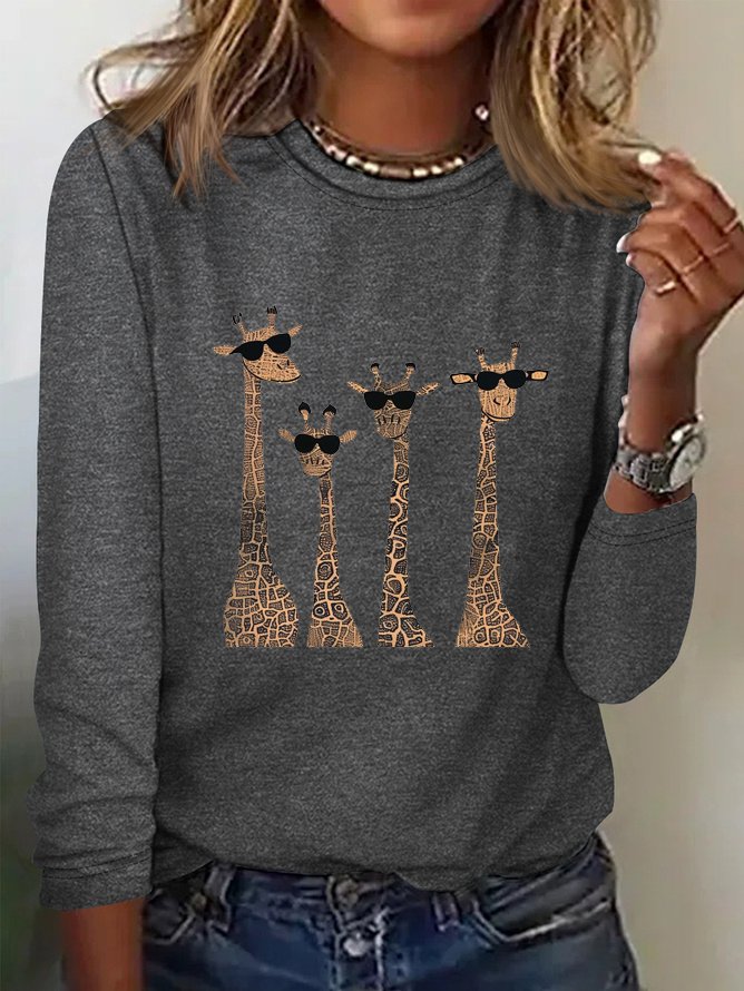 Women's Long Sleeve Tee T-shirt Spring/Fall Deer Cotton-Blend Crew Neck Daily Going Out Casual Top