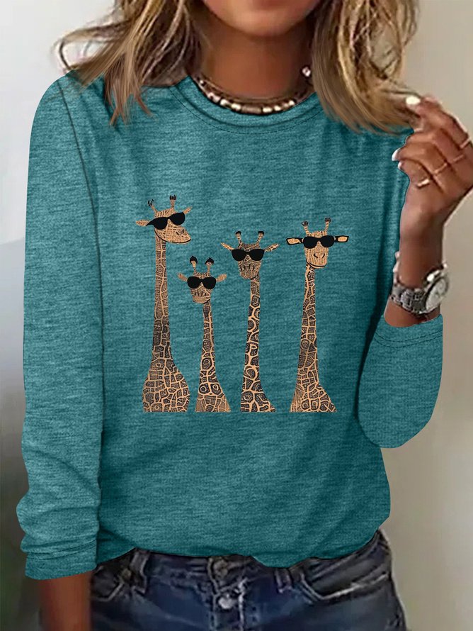 Women's Long Sleeve Tee T-shirt Spring/Fall Deer Cotton-Blend Crew Neck Daily Going Out Casual Top