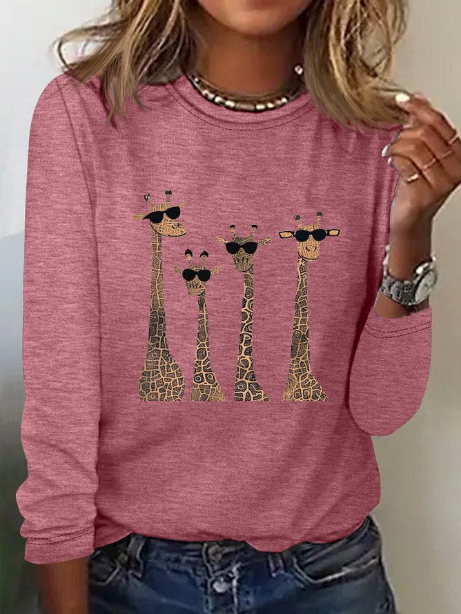 Women's Long Sleeve Tee T-shirt Spring/Fall Deer Cotton-Blend Crew Neck Daily Going Out Casual Top
