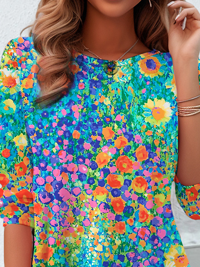 Women's Long Sleeve Tee T-shirt Spring/Fall Floral Jersey Crew Neck Daily Going Out Casual Top Blue