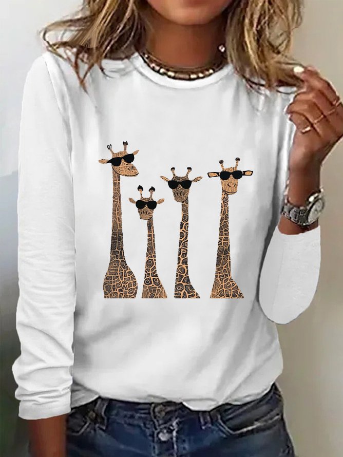 Women's Long Sleeve Tee T-shirt Spring/Fall Deer Cotton-Blend Crew Neck Daily Going Out Casual Top