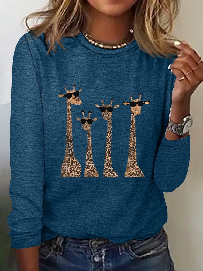 Women's Long Sleeve Tee T-shirt Spring/Fall Deer Cotton-Blend Crew Neck Daily Going Out Casual Top