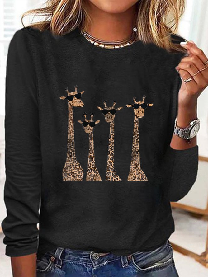 Women's Long Sleeve Tee T-shirt Spring/Fall Deer Cotton-Blend Crew Neck Daily Going Out Casual Top