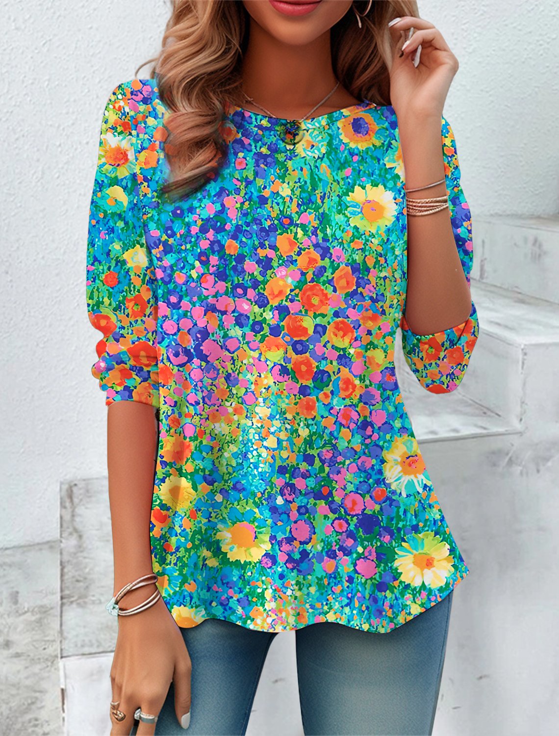 Women's Long Sleeve Tee T-shirt Spring/Fall Floral Jersey Crew Neck Daily Going Out Casual Top Blue