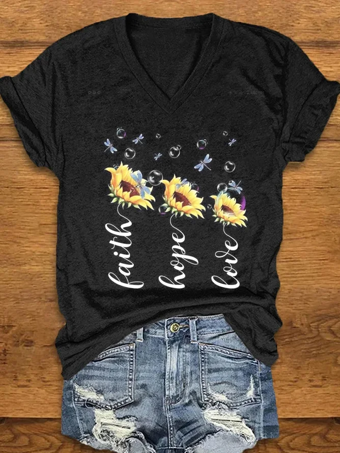 Women's Floral Short Sleeve Tee T-shirt V Neck Casual Summer Top