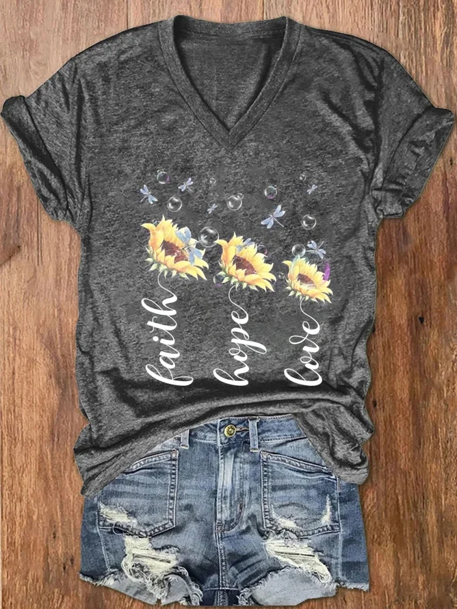 Women's Floral Short Sleeve Tee T-shirt V Neck Casual Summer Top
