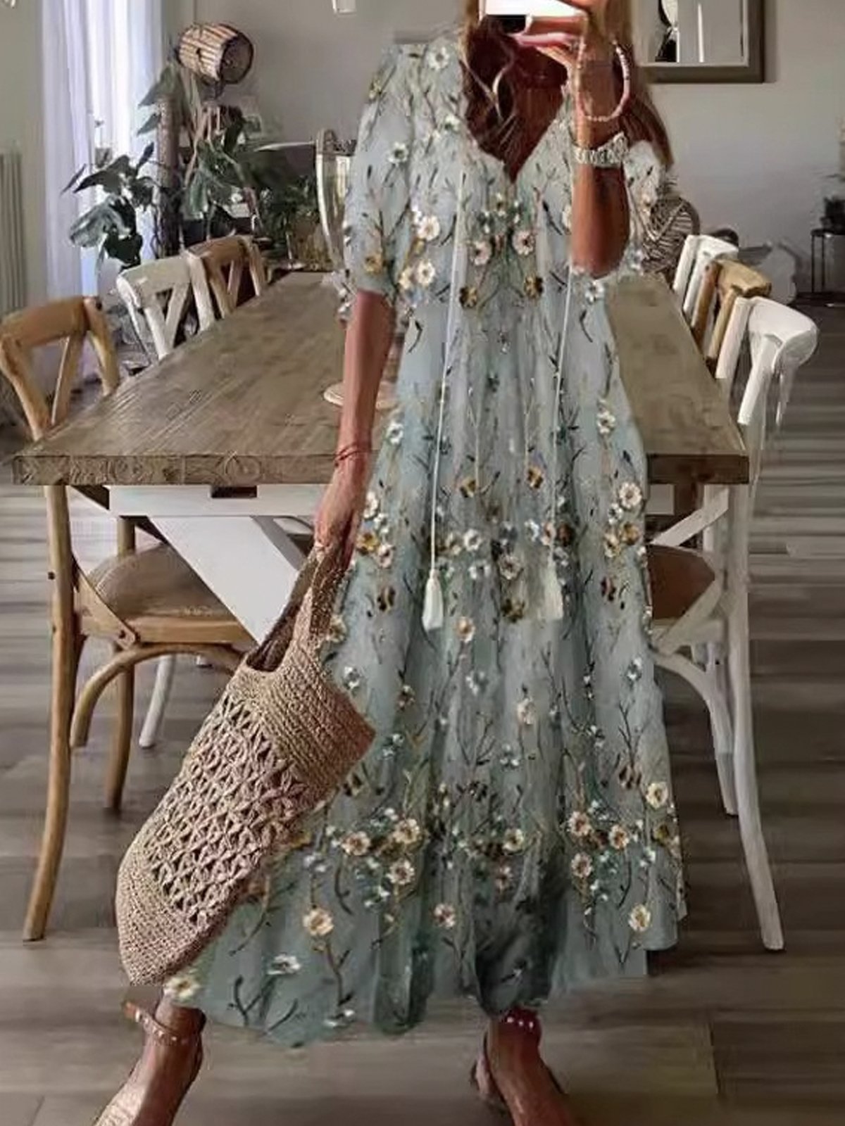 Women's Floral Half Sleeve Summer Dress V Neck Daily Casual Maxi A-Line Dress