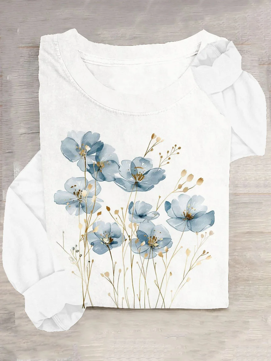 Women Floral Long Sleeve Tee T-shirt Crew Neck Casual Spring/Fall Top