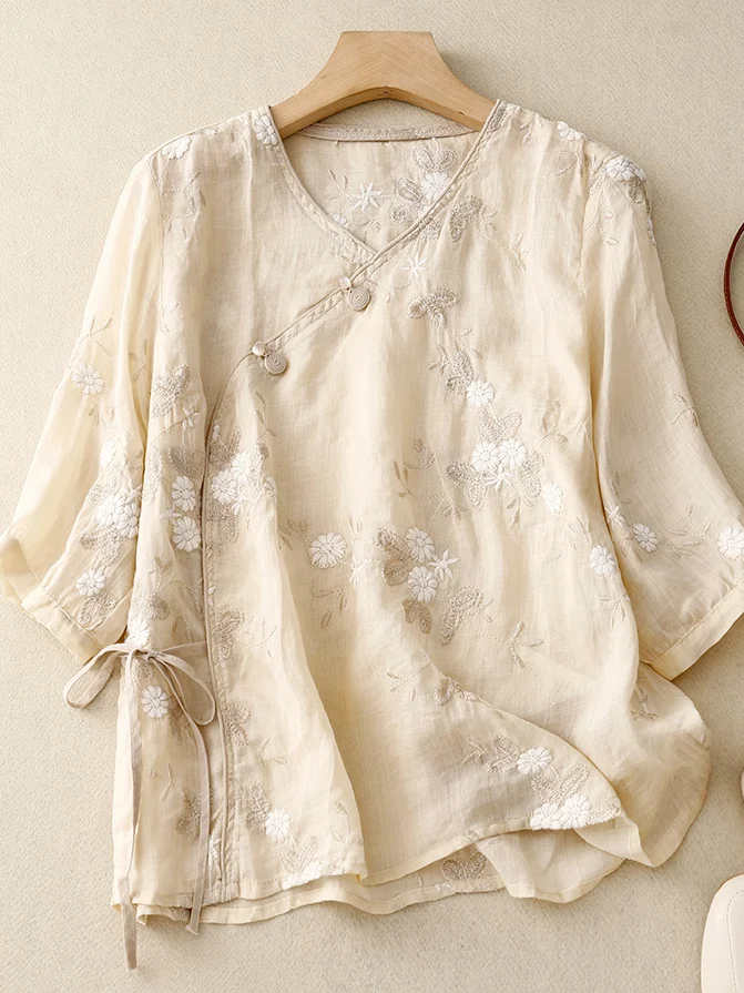 Women Plain Three Quarter Sleeve Blouse Spring/Fall Embroidery Shirt Collar Daily Casual Top