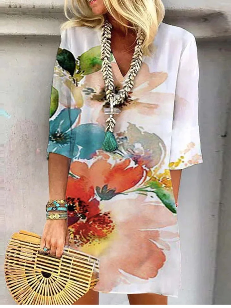 Women's Three Quarter Sleeve Spring/Fall Floral Dress V Neck Daily Going Out Casual Midi H-Line