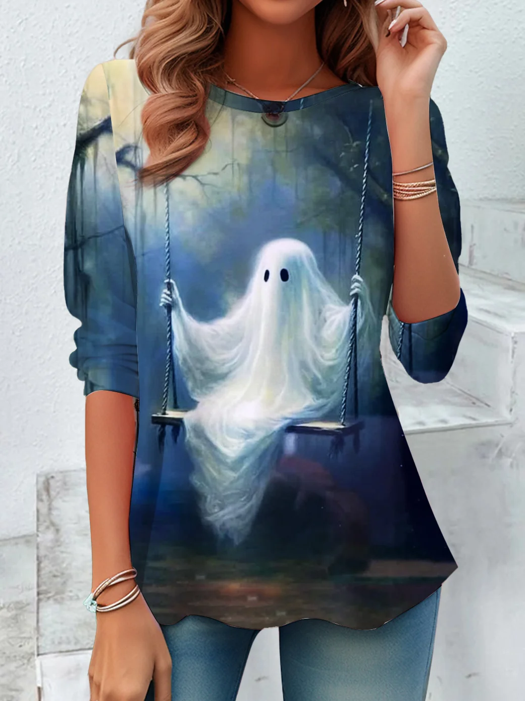 Women's Long Sleeve Tee T-shirt Spring/Fall Halloween Printing Jersey Crew Neck Daily Going Out Vintage Top