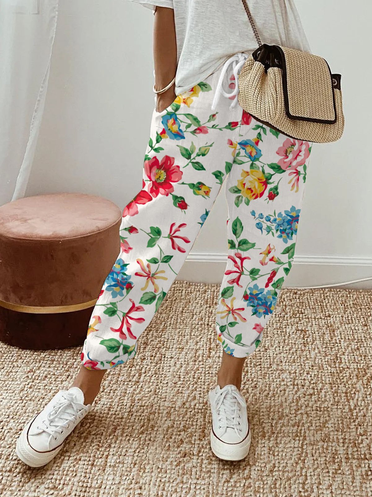 Women's Trousers Straight Pants Daily Going Out Casual Floral Spring/Fall Pants