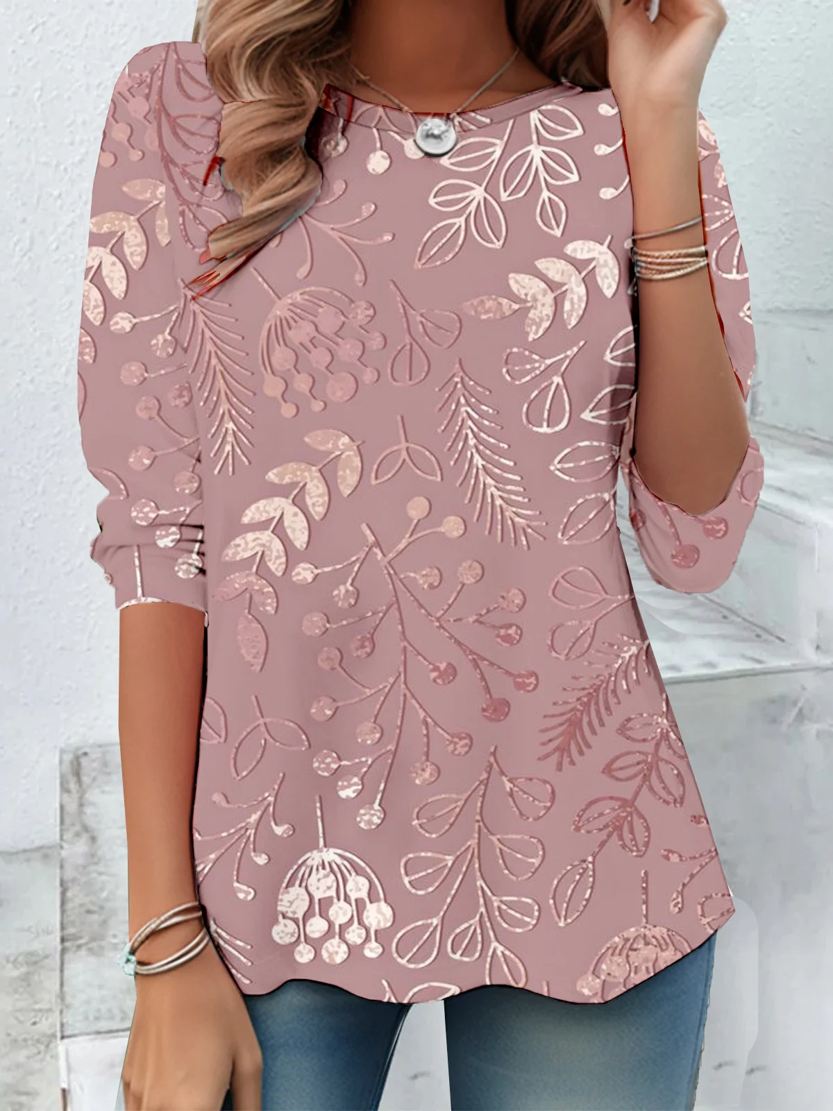 Women's Branches Long Sleeve Floral Tee T-shirt Crew Neck Casual Spring/Fall Top