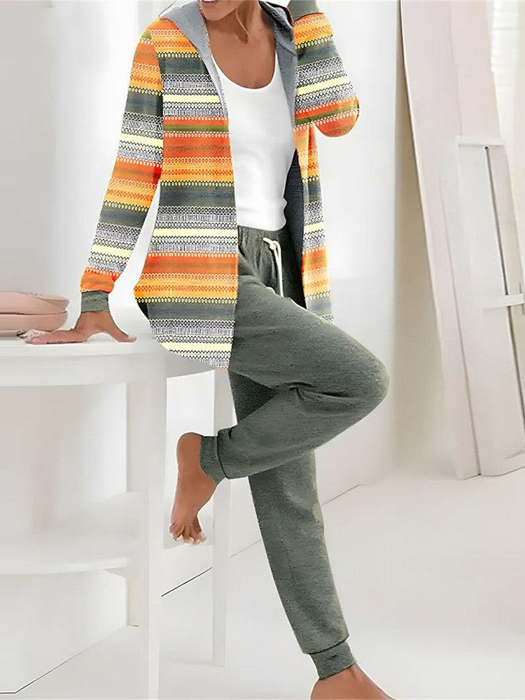 Women's Striped Daily Going Out Two Piece Set Long Sleeve Casual Spring/Fall Coat With Pants Matching Set