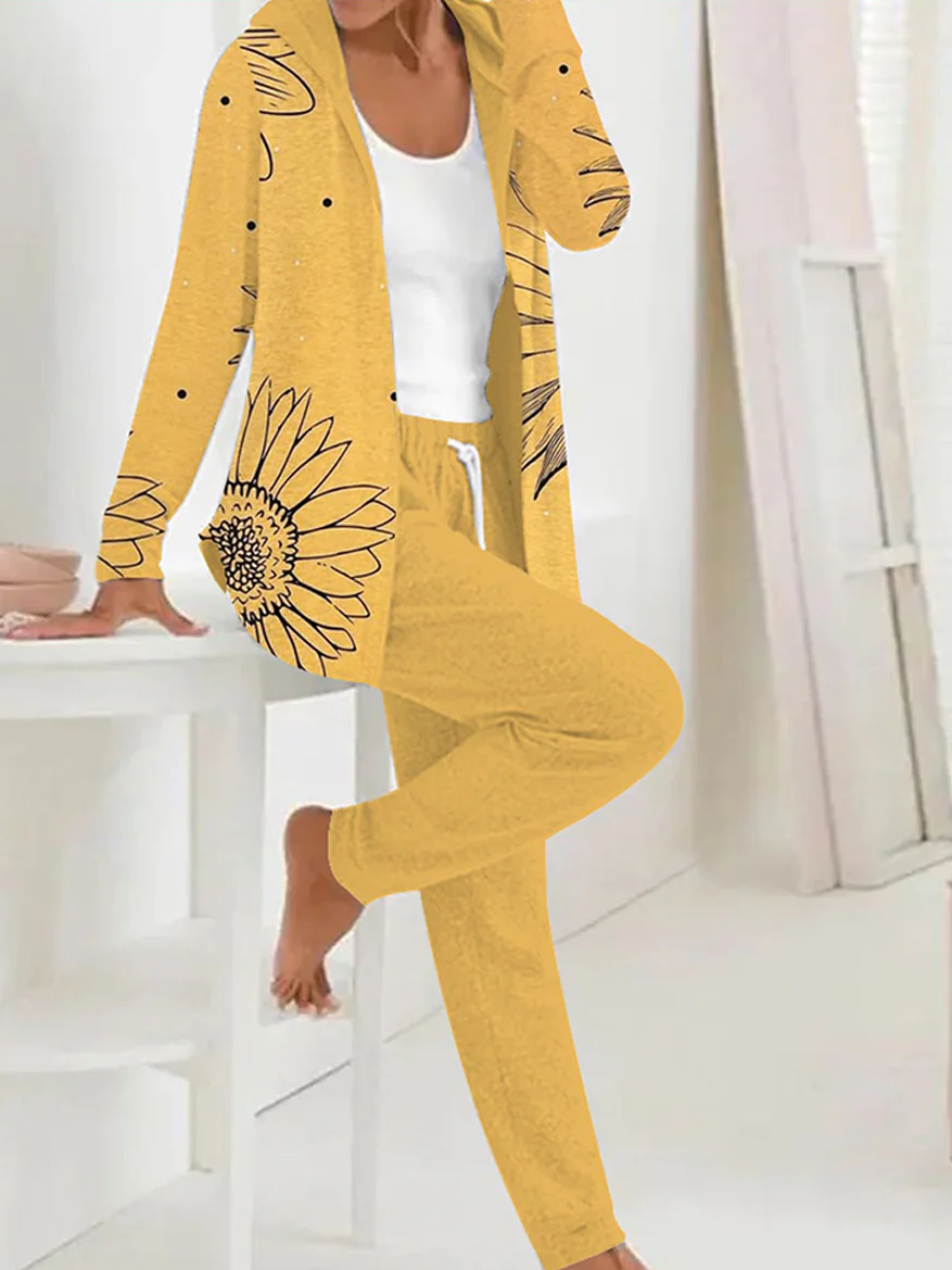 Women's Floral Two-Piece Set Daily Long Sleeve Casual Spring/Fall Coat With Pants Matching Set