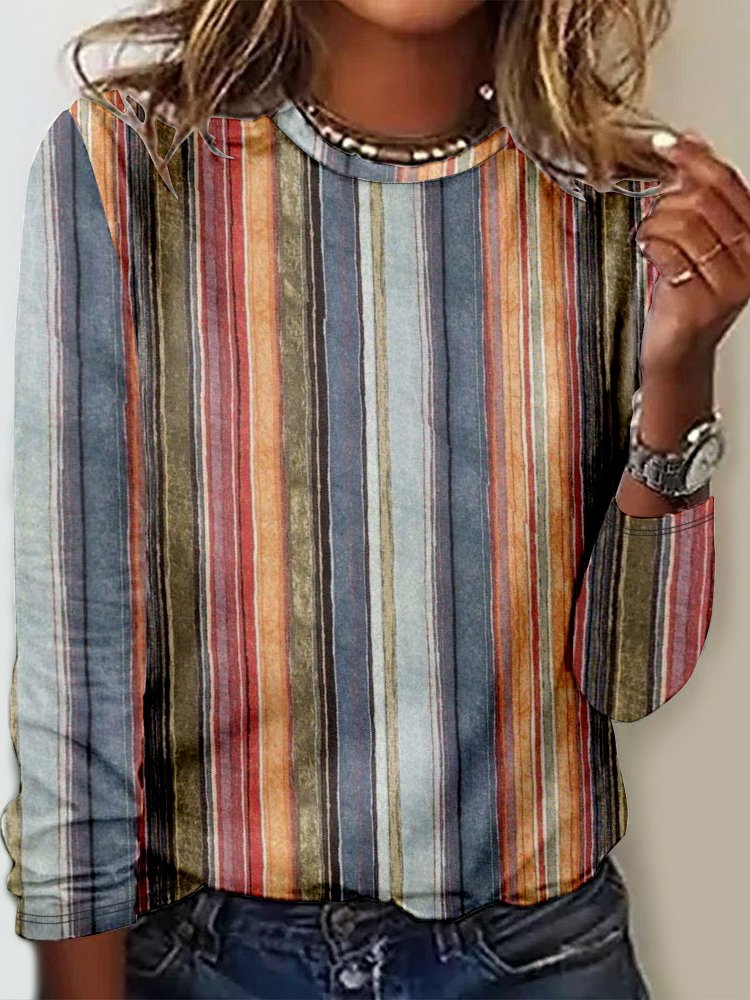 Women's Abstract Stripes Long Sleeve Tee T-shirt Crew Neck Casual Spring/Fall Top