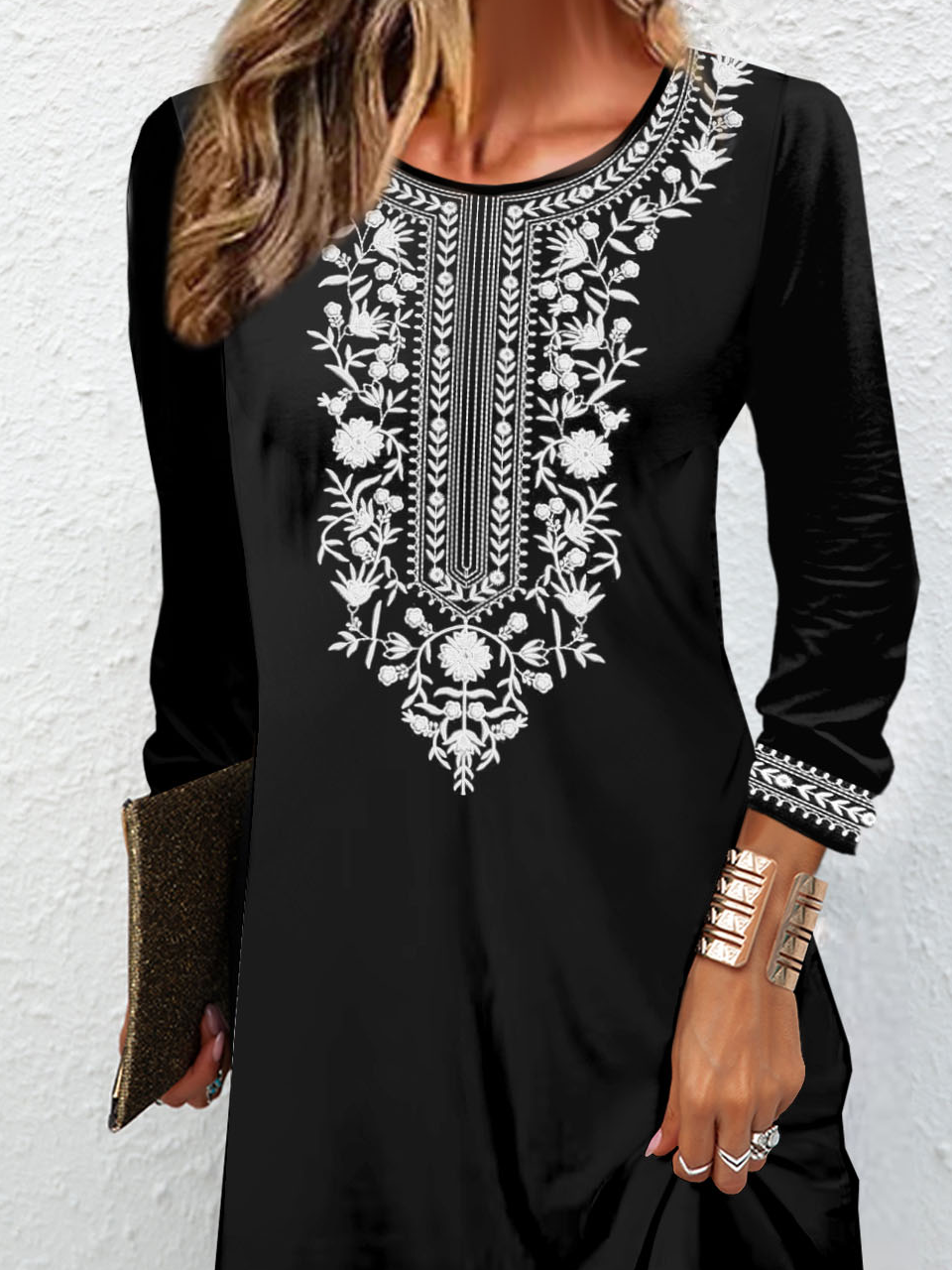 Women's Long Sleeve Spring/Fall Ethnic Jersey Dress Crew Neck Daily Going Out Casual Mini H-Line T-Shirt Dress