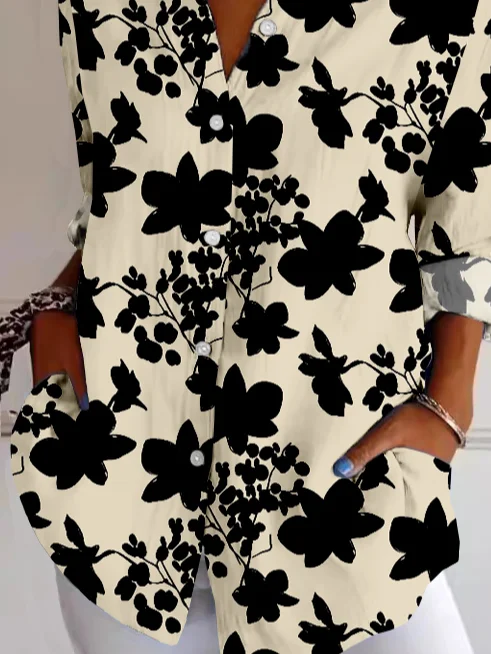 Women Floral Long Sleeve Shirt Spring/Fall Buttoned Shirt Collar Daily Vintage Top