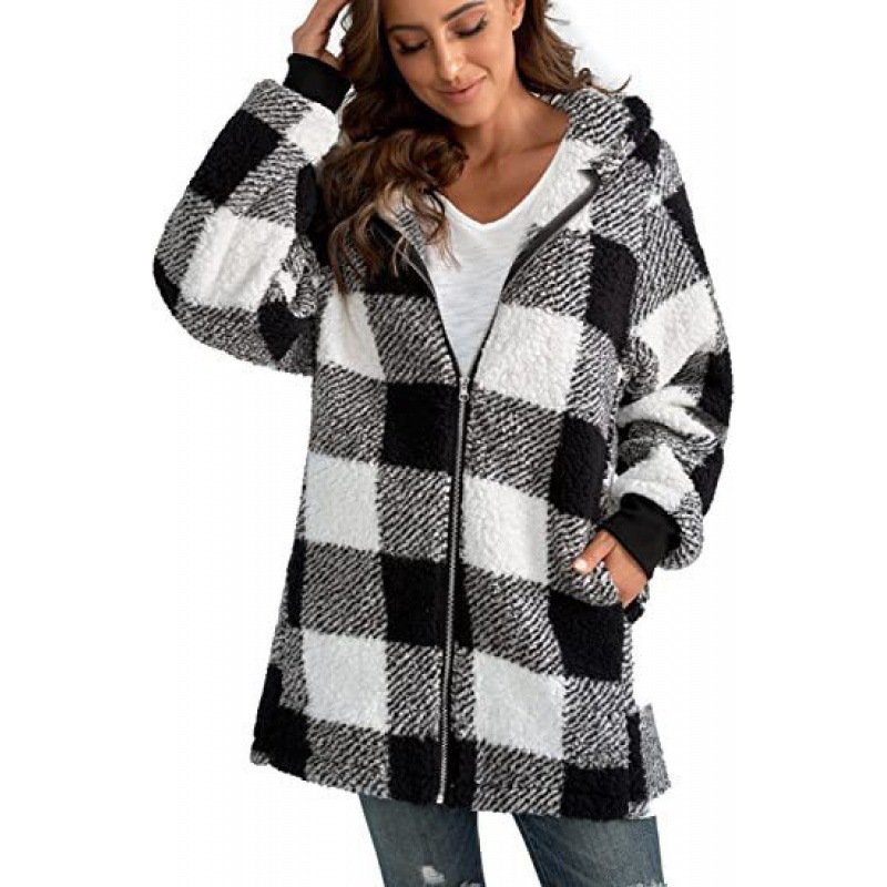 Women's Spring/Fall Outerwear Casual Fluff/Granular Fleece Fabric Zipper Plaid Long Sleeve Hoodie Jacket