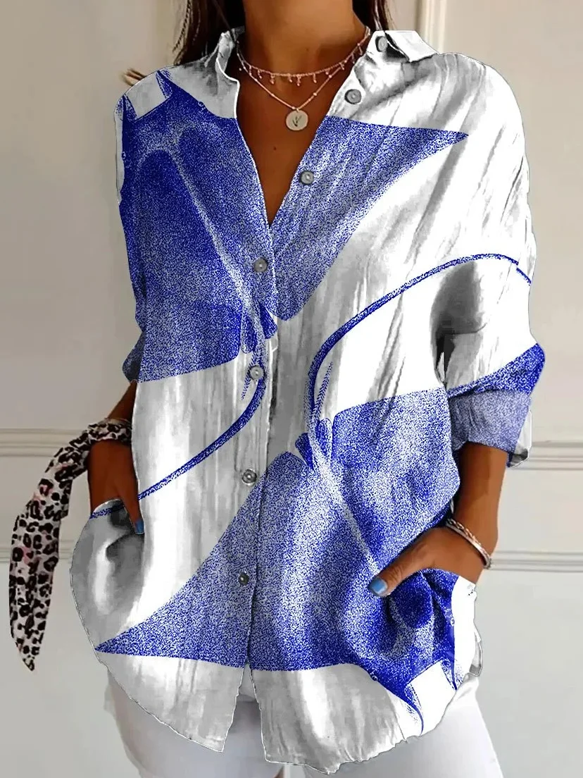 Women's Long Sleeve Shirt Spring/Fall Striped Four-Side Projectile Shawl Collar Daily Going Out Casual Top