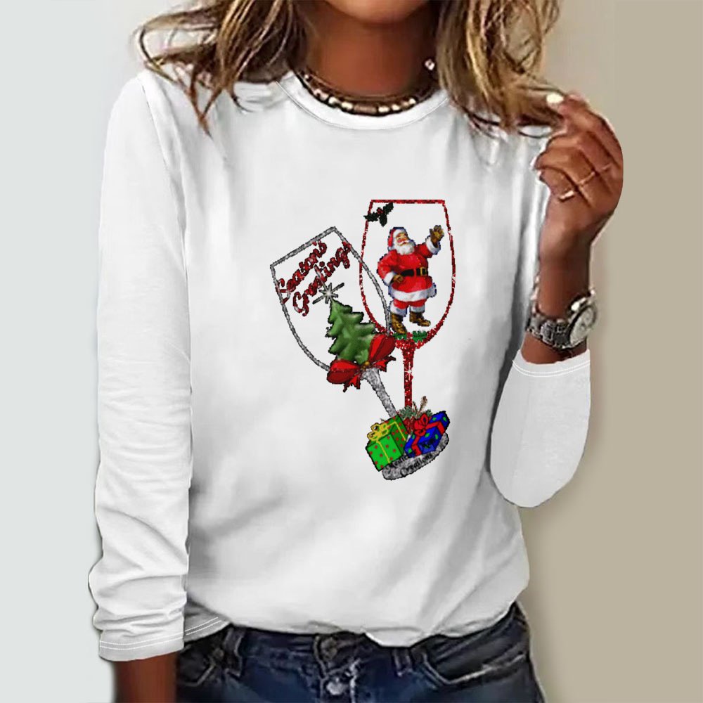 Women's Long Sleeve Tee T-shirt Spring/Fall Christmas Wine Glass Jersey Crew Neck Daily Going Out Casual Top