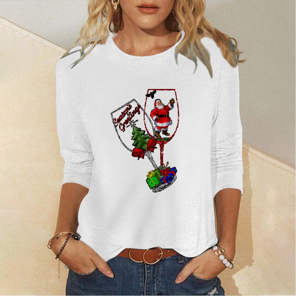 Women's Long Sleeve Tee T-shirt Spring/Fall Christmas Wine Glass Jersey Crew Neck Daily Going Out Casual Top