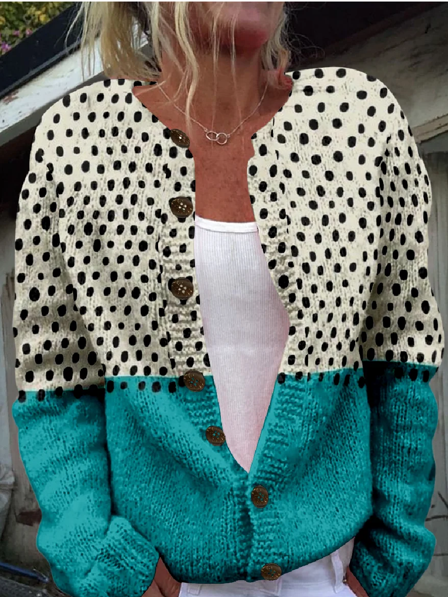 Women Polka Dots Long Sleeve Crew Neck Vintage Spring/Fall Cardigan Outerwear