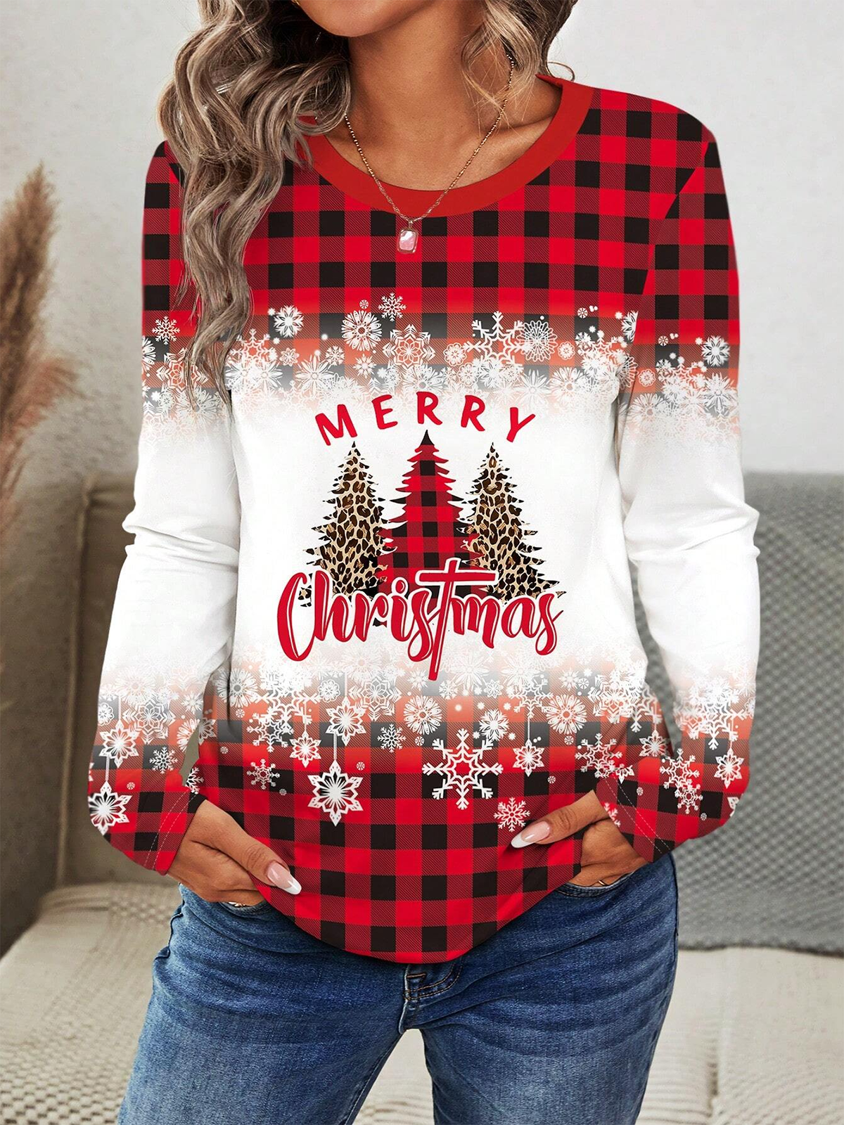 Women's Long Sleeve Tee T-shirt Spring/Fall Plaid Jersey Crew Neck Daily Going Out Casual Top