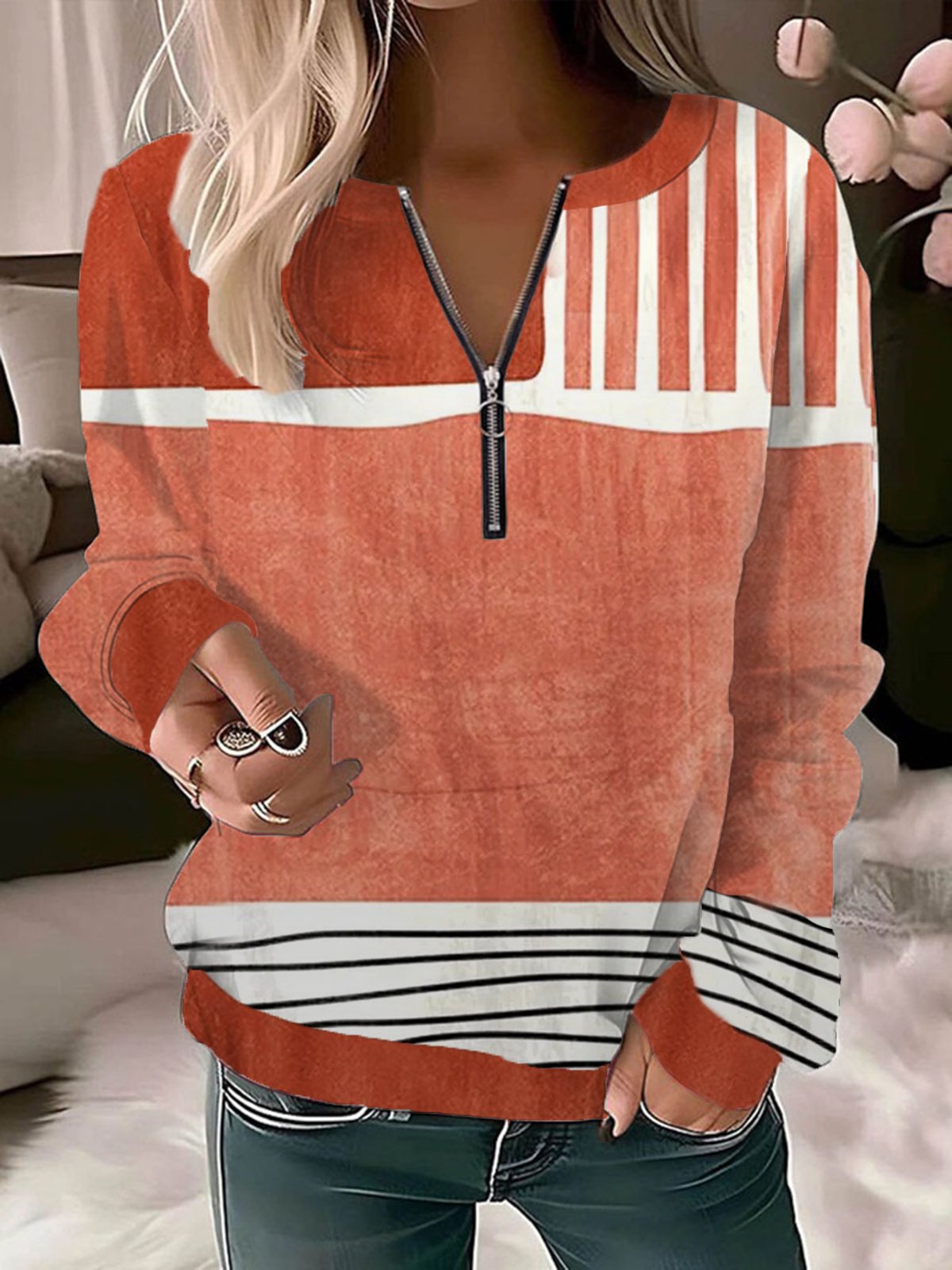 Women's Crew Neck Striped Casual Spring/Fall Long Sleeve Sweatshirt