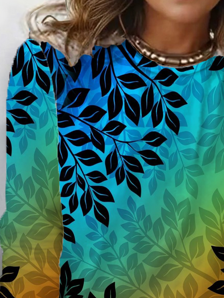 Women's Leaf Long Sleeve Floral Tee T-shirt Crew Neck Casual Spring/Fall Top