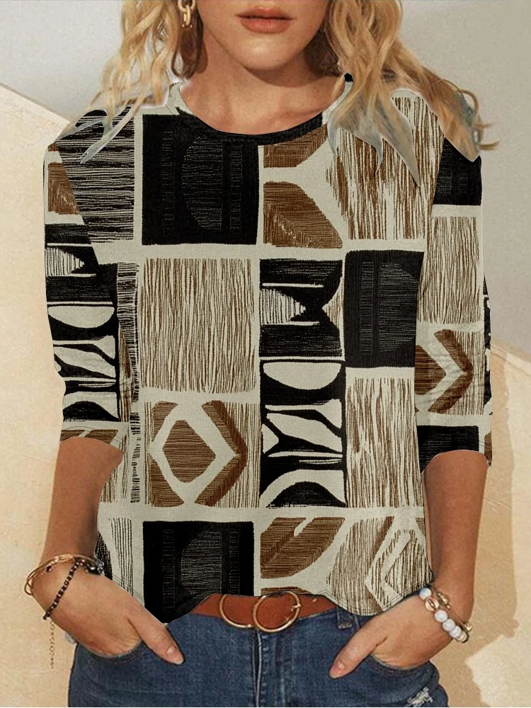 Women's Geometric Long Sleeve Blouse_ Spring/Fall Crew Neck Daily Casual Top