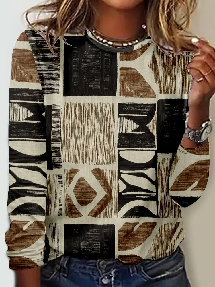 Women's Geometric Long Sleeve Blouse_ Spring/Fall Crew Neck Daily Casual Top