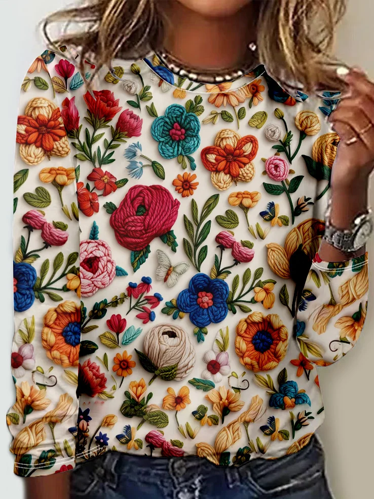 Women's Floral Long Sleeve Tee T-shirt Crew Neck Casual Spring/Fall Top