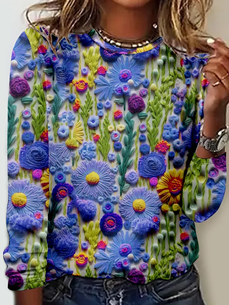 Women's Floral Long Sleeve Tee T-shirt Crew Neck Casual Spring/Fall Top