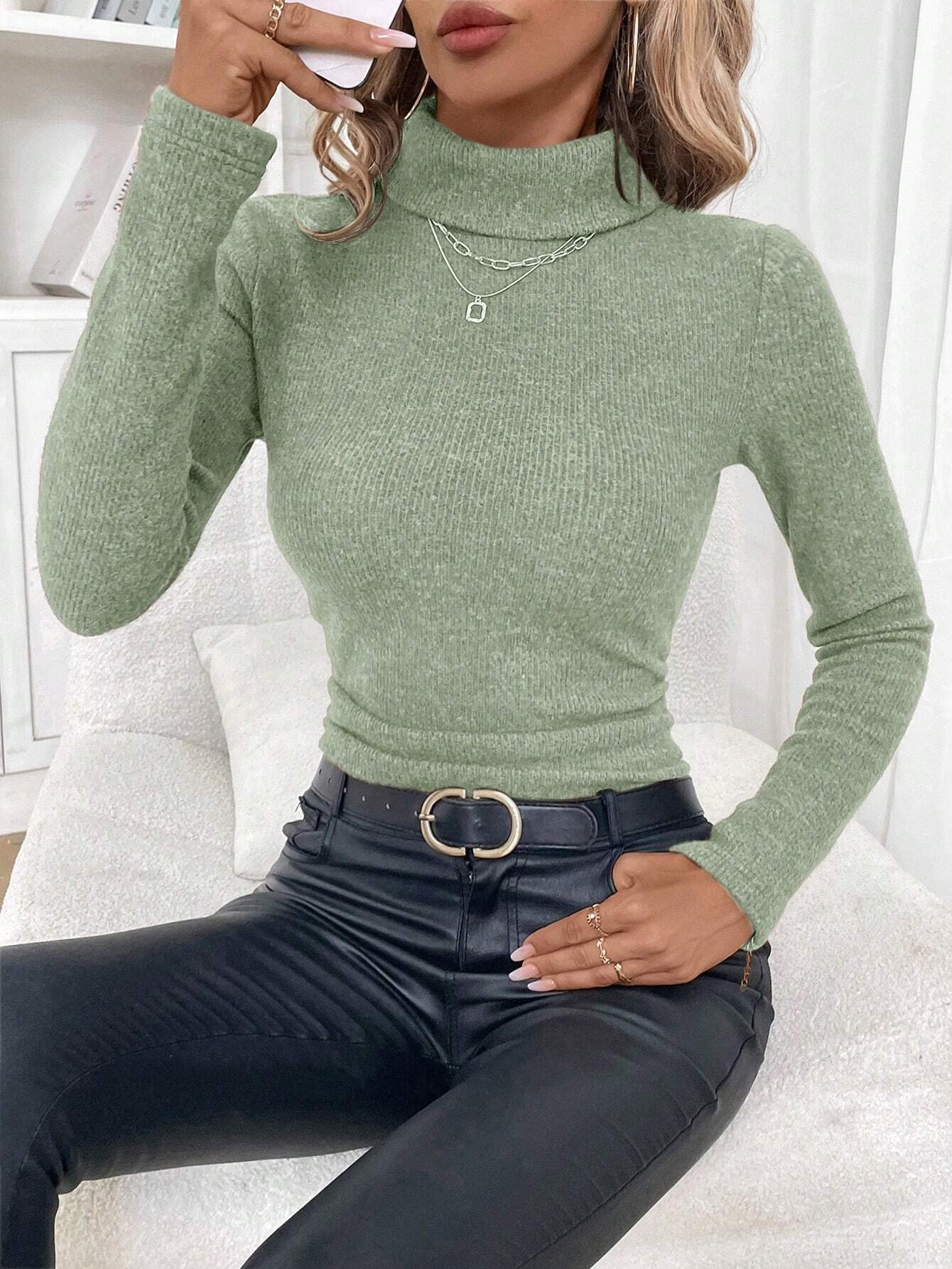 Women's Winter Plain Casual Long Sleeve Mock Neck Cotton Sweater