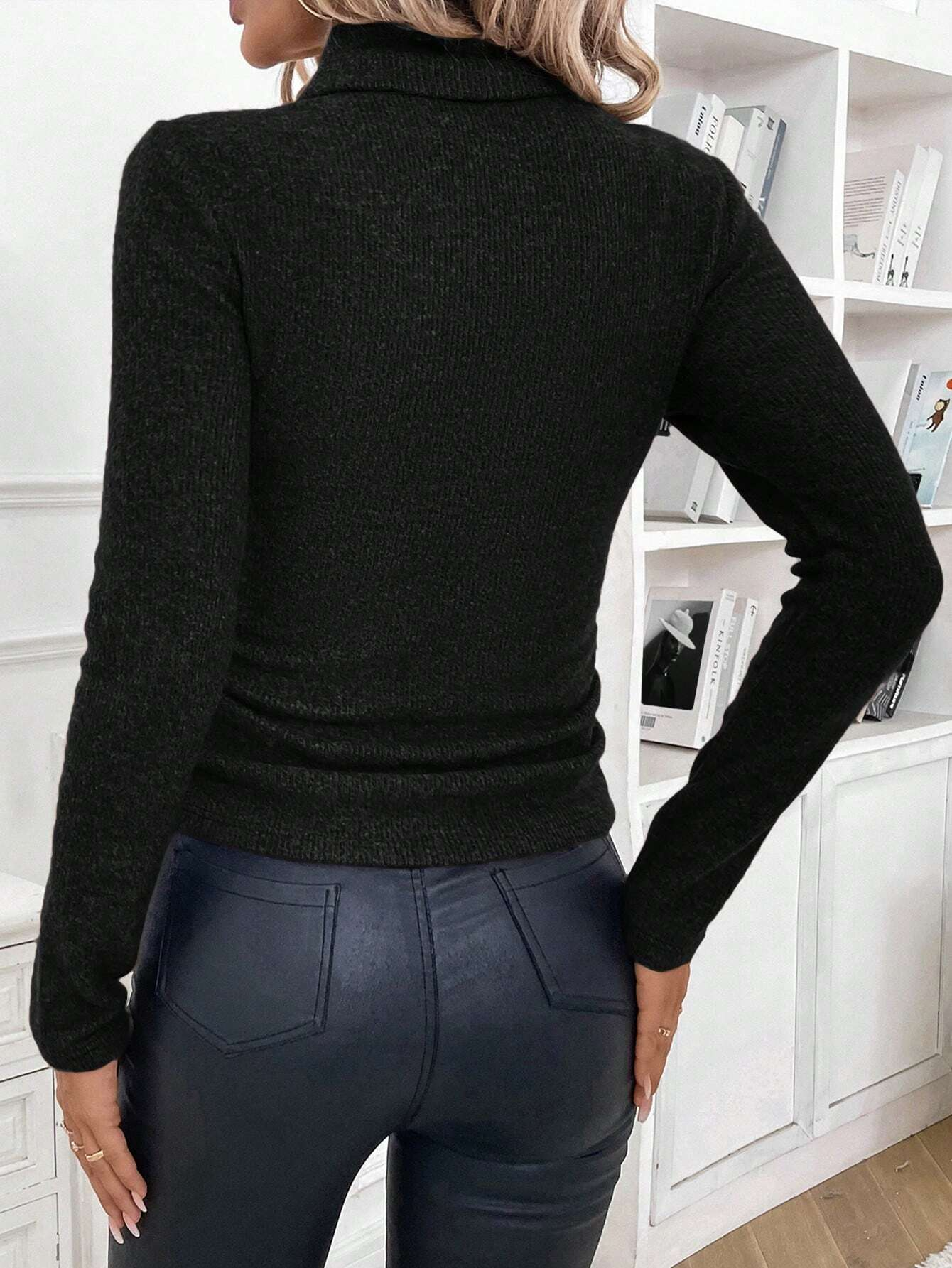 Women's Winter Plain Casual Long Sleeve Mock Neck Cotton Sweater