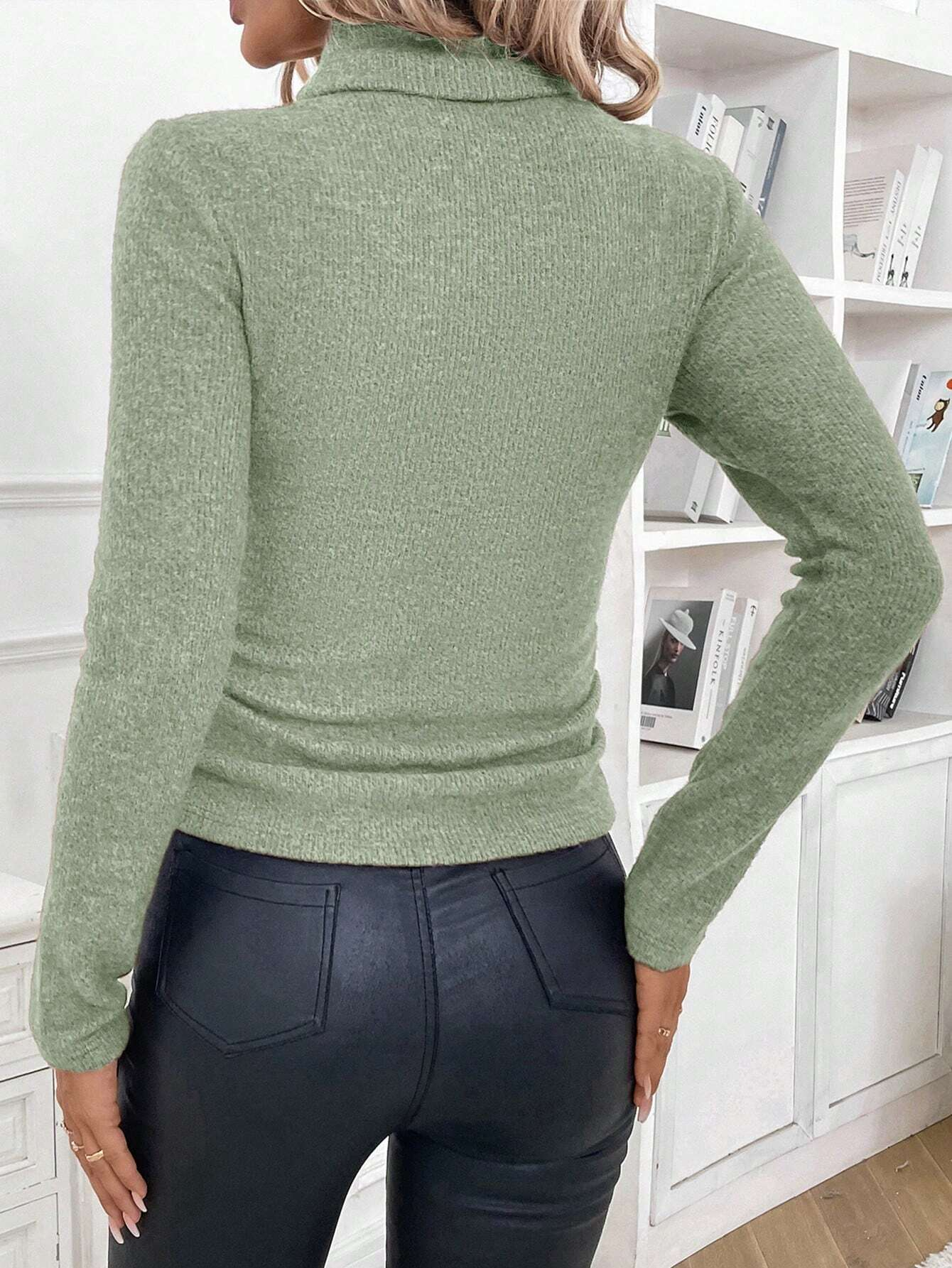 Women's Winter Plain Casual Long Sleeve Mock Neck Cotton Sweater