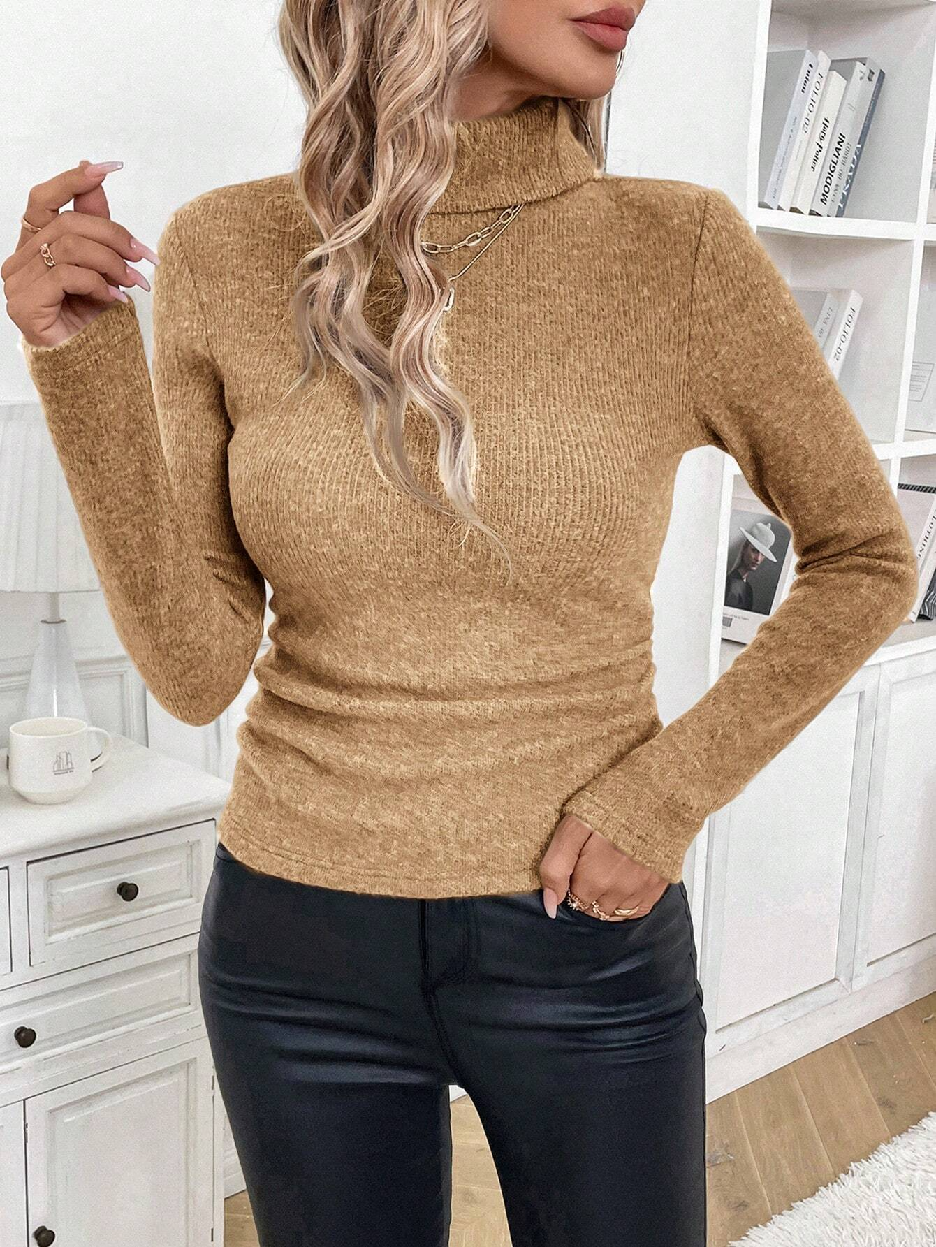 Women's Winter Plain Casual Long Sleeve Mock Neck Cotton Sweater