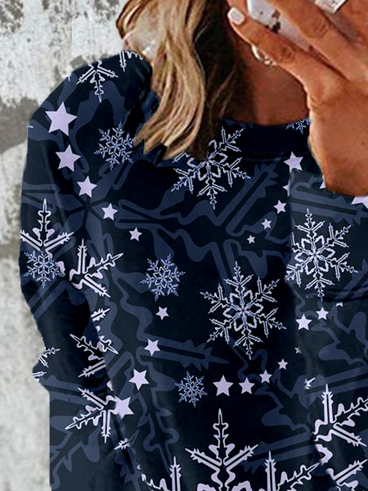 Women's Crew Neck Snowflake Casual Spring/Fall Cotton Long Sleeve Sweatshirt